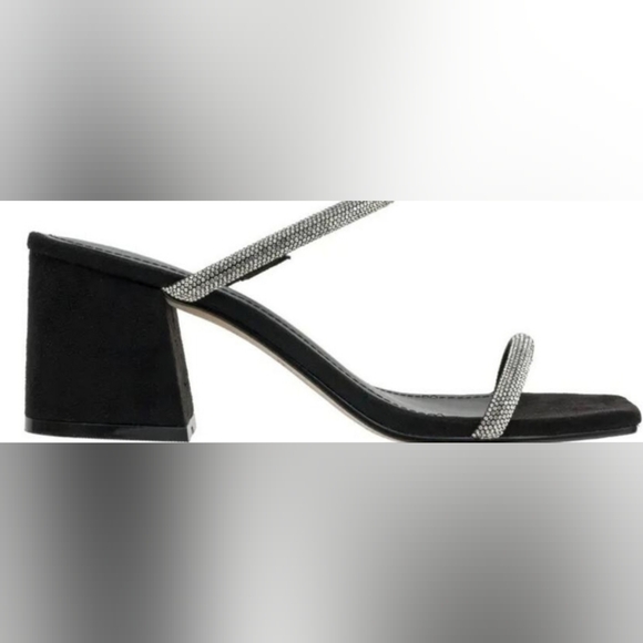 Lisa Vicky Mood Microsuede Block Heel Slide Sandal Black Rhinestone Straps 7.5M - Picture 1 of 2